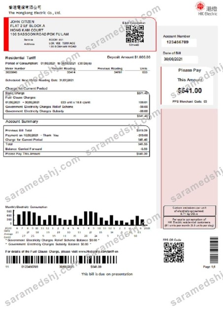 Hong Kong Hongkong Electric Company utility bill